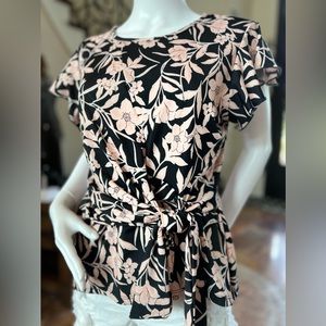 M&E Black and Pink Floral Blouse with Front Tie